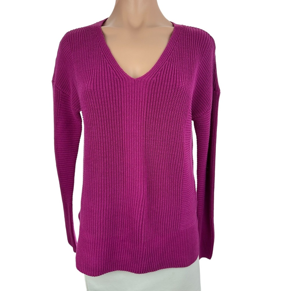 Rachel Zoe Sz M Purple Pullover Knit Sweater V-Neck 3/4 Sleeve Cotton/Polyester